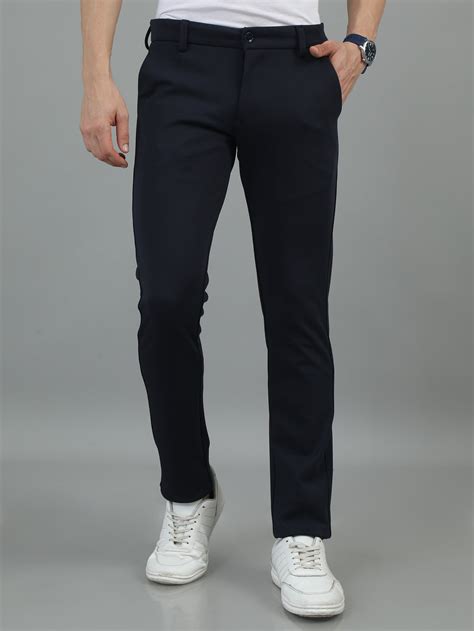 Buy Men Navy Narrow Fit Solid Lycra Casual Trousers