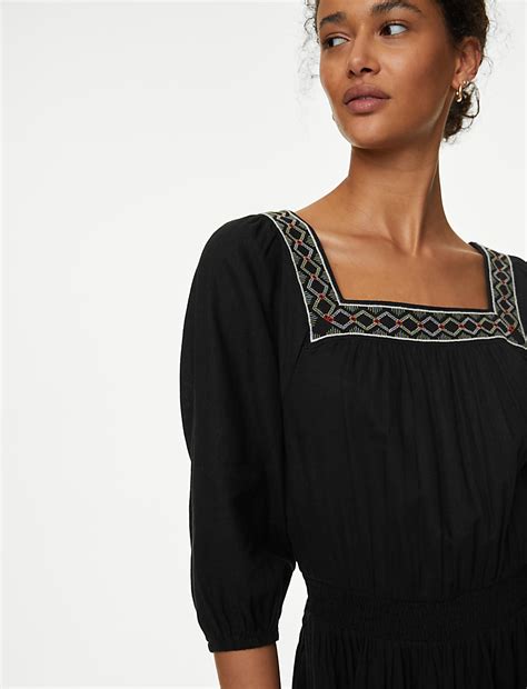 Buy Linen Blend Embroidered Shirred Dress at Marks & Spencer