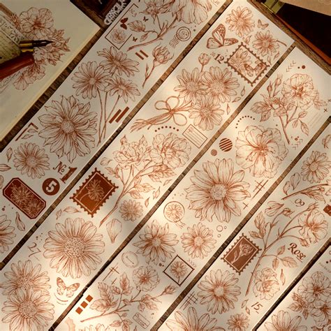现货小白家文创 【恋棕】原创复古线稿蔷薇花卉手帐和纸胶带长6M-淘宝网