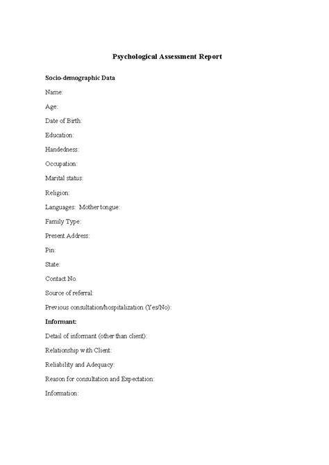 Case history format of child - Psychological Assessment Report Socio ...