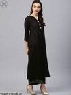 Women Black Three-Quarter Sleeves Round Neck A-Line Pure Cotton Kurta ...