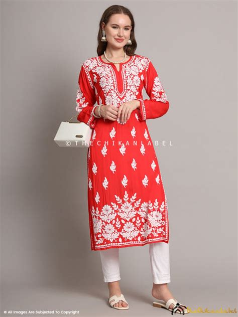 Sanaya Modal Chikankari Straight Kurti-Red|The Chikan Label