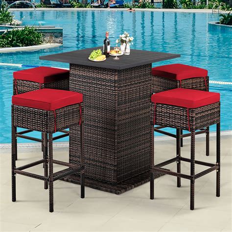 5 PCS Outdoor Rattan Bar Set Patio Bar Height Set with Cushioned Stool ...