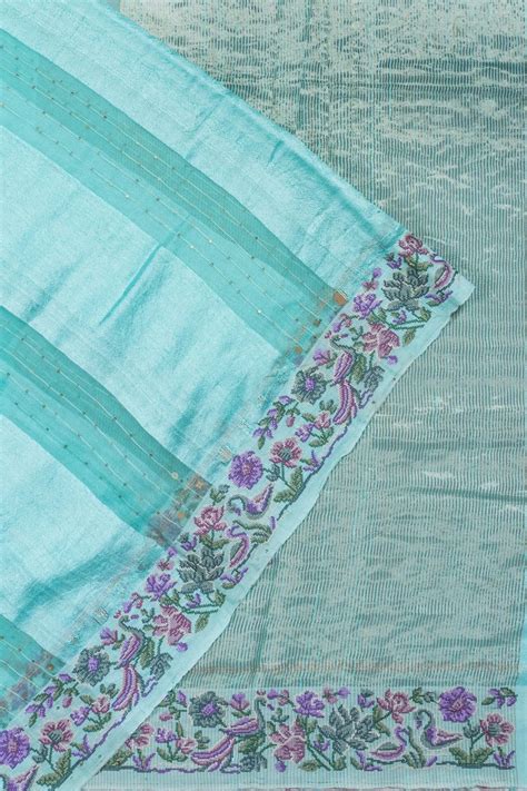 Organza Tissue Sequin Lines Sky Blue Saree With