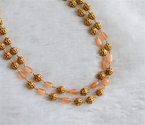 Antique gold tone peach beaded double layer mala dj-46836 – dreamjwell