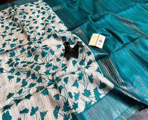 Bottle Green Floral Printed Tussar Ghicha Silk Saree | Peepal Clothing