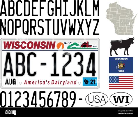 Wisconsin license plate, letters, numbers and symbols, USA, United ...