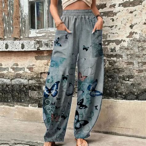 Womens Linen Pants with Deep Pockets Elastic High Waist Floral Print ...