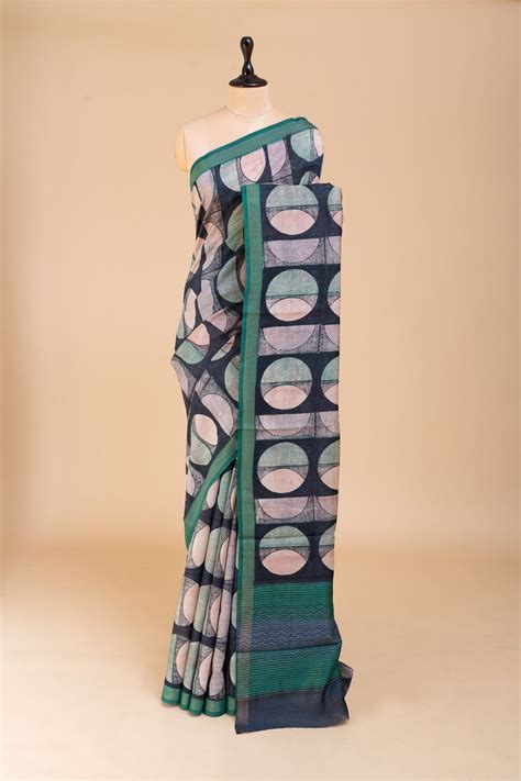 Blue Polka Printed Pure Tussar Silk Saree | Clio Silks