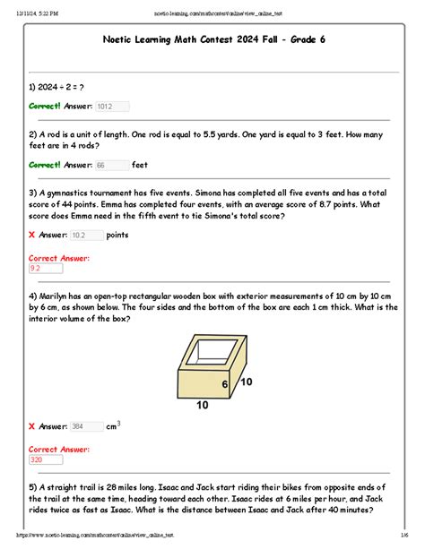 Noetic Learning Math Contest 2024 - Grade 6 Paper - Studocu