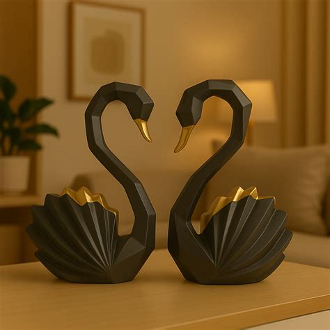 HOME DECOR Black & Gold Swan Couple Sculpture Set – Modern Romantic Ho