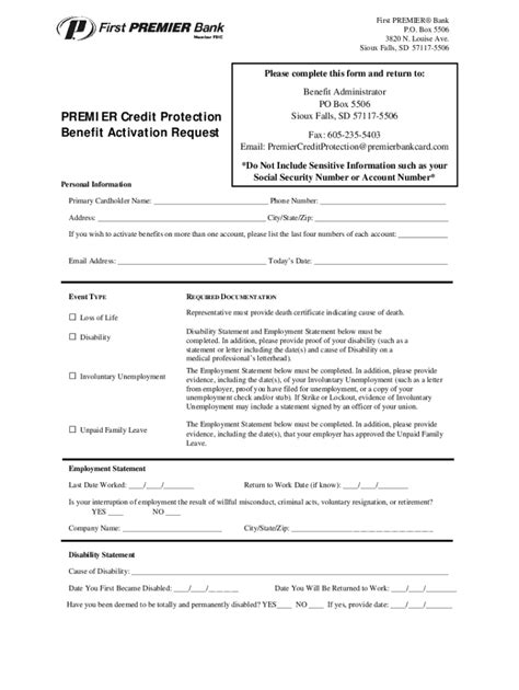 Fillable Online PREMIER Credit Protection Benefit Activation Form Fax ...