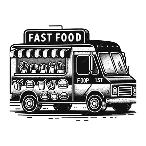 Premium Vector | A black and white drawing of a food truck with the ...