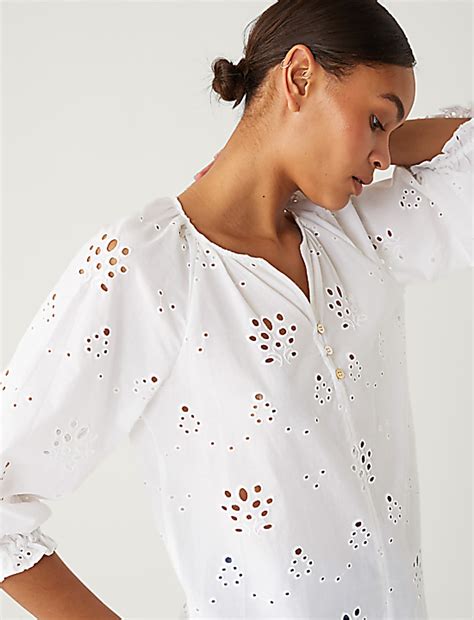 Buy Pure Cotton Broderie Puff Sleeve Blouse at Marks & Spencer