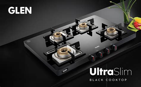 Glen 4 Burner Ultra Slim Glass Gas Stove | Black| 1 High Flame 3 Forged ...