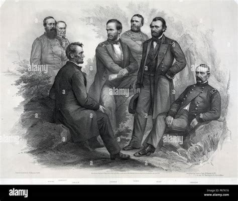 President Abraham Lincoln sitting on a rock talking with his generals ...
