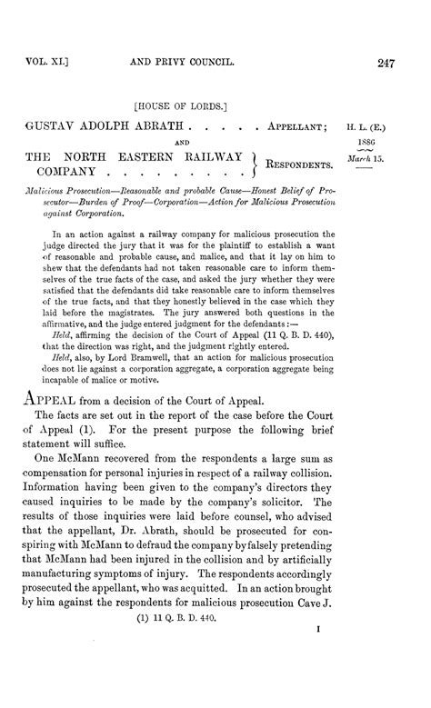 Abrath v North Eastern Railway Company [1886] UKLaw Rp AC 15; (1886) 11 ...
