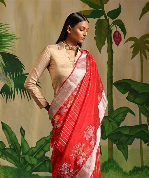 Handloom Red Pure Chanderi Silk Saree With Cow Motifs on Border ...