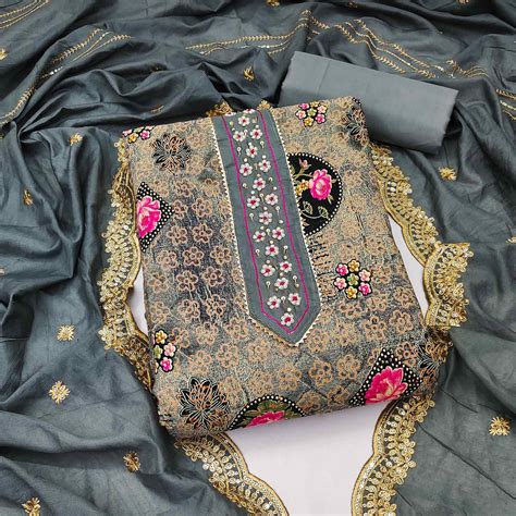 Grey Floral Printed With Embellished Pure Cotton Dress Material