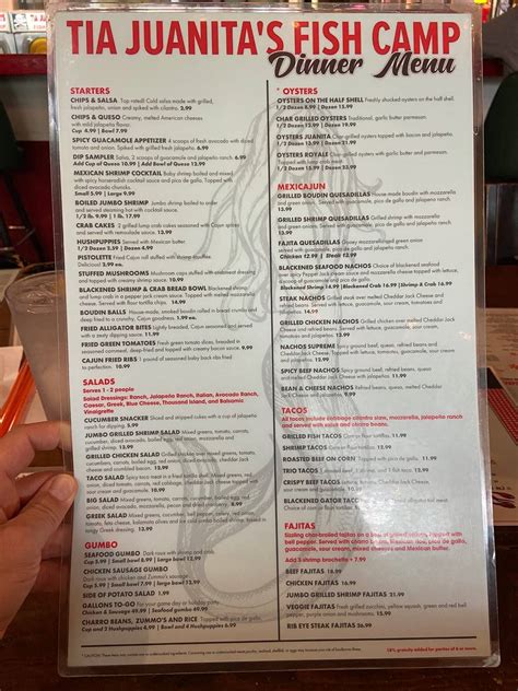 Menu at Tia Juanita's Fish Camp restaurant, Beaumont, Calder Ave