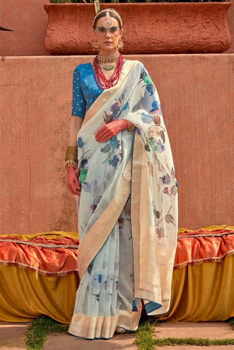 Buy Blue Shade Zari Woven Organza Saree Online - MySilkLove