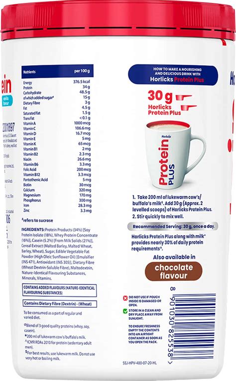 Buy HORLICKS PROTEIN PLUS VANILLA FLAVOUR POWDER 400GM Online & Get ...