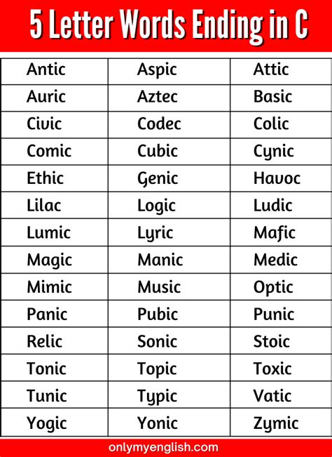 5 Letter Words Ending in C » Onlymyenglish.com