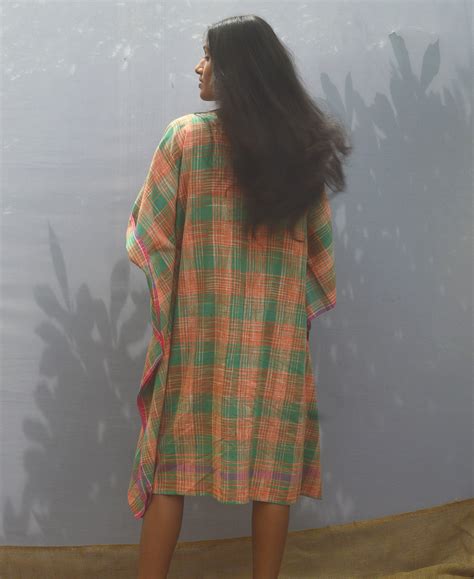 Orange And Green Checked Kaftan Dress – Manas