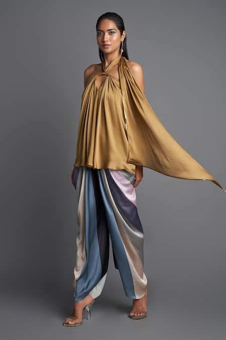 Buy Green Chiffon Plain Halter Neck Draped Top For Women by Amit ...