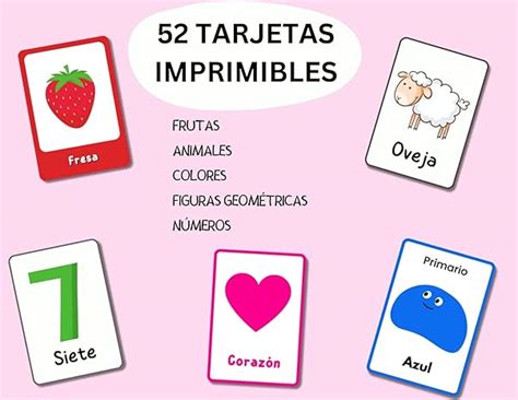 52 tarjetas de frutas, números, colores, animales, figuras geométricas ...