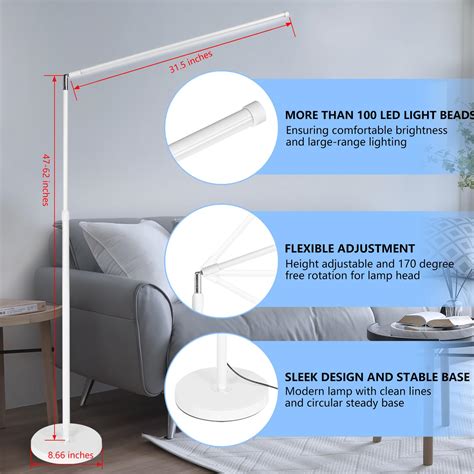 Floor Lamp with Long Lamp Head and Adjustable Height, White Stepless ...
