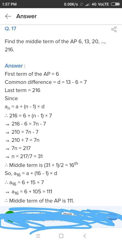 find the middle term of the AP 6 13 20 216 - Brainly.in