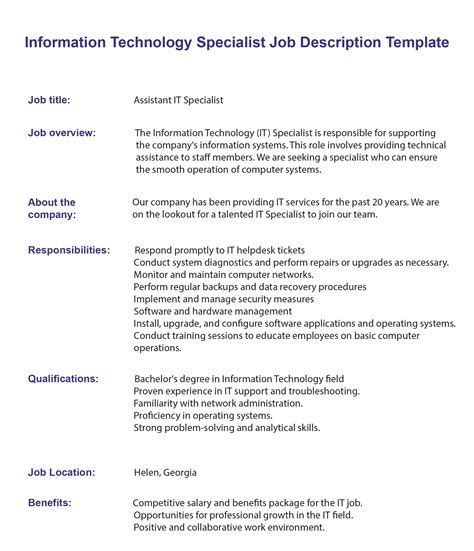 Information Technology Specialist Job Description 2025