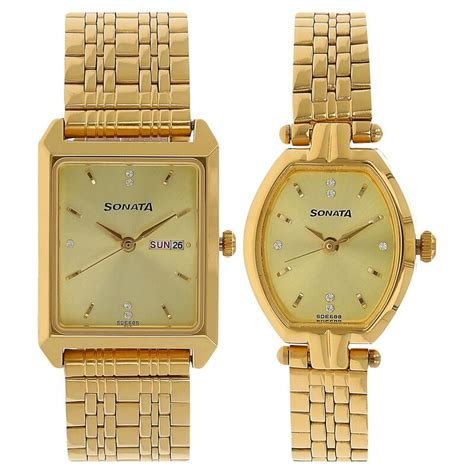Buy Online Sonata Quartz Analog with Day and Date Golden Dial Stainless ...
