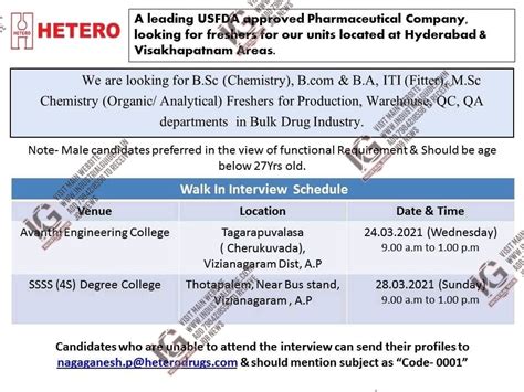 Hetero Drugs Interview in 2021 March 24th & 28th for Production Quality ...