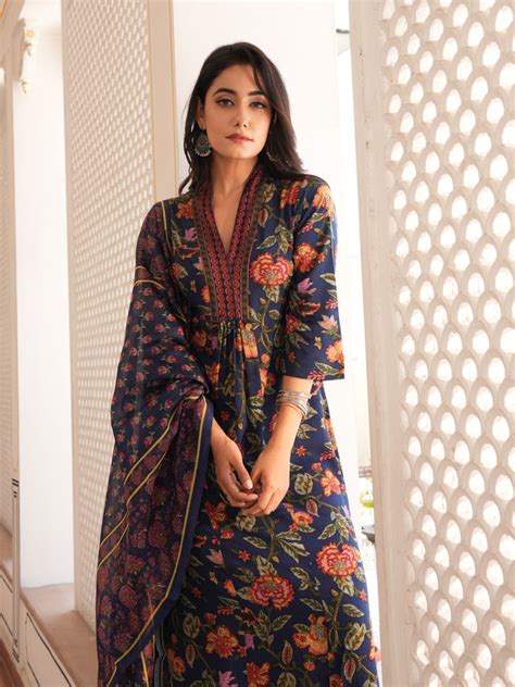 Buy Viscose Floral Blue A-line Kurta, Trousers & Dupatta TP50102T | Aramya