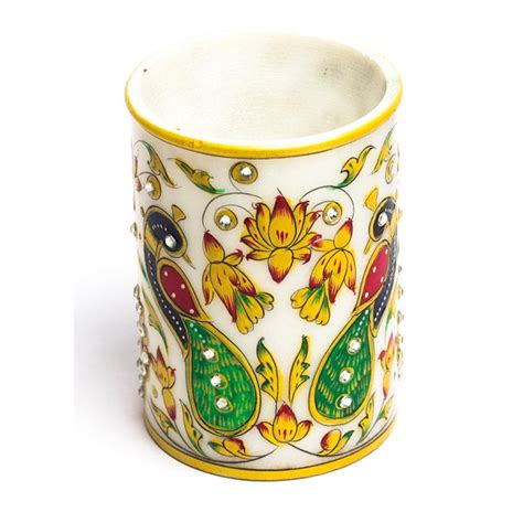 Beautiful Rajasthani Marble Pen Stand with Peacock Painting and Kundan ...