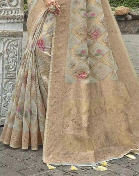 Light Grey Floral Weaving Fancy Jute Saree – South India Shopping Mall