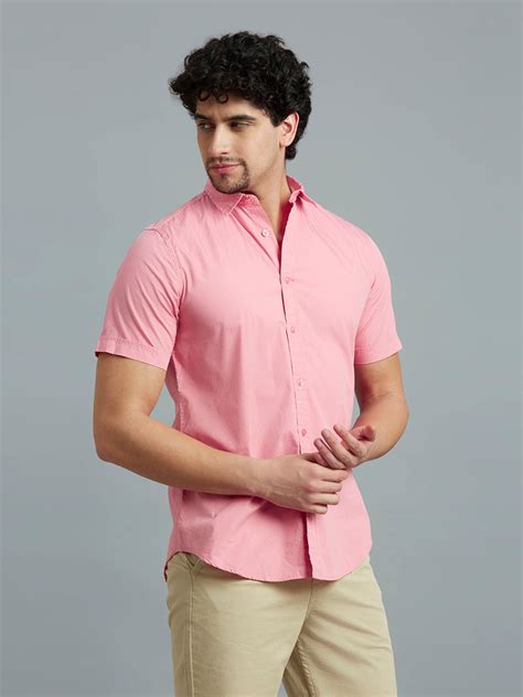 Pink Solid Peached Cotton Slim Fit Casual Half Sleeve Shirt