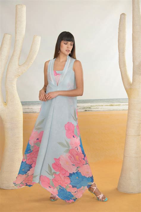 AQUA BLUE DIGITAL PRINT DRAPE KURTA SET – Preeti Mehta