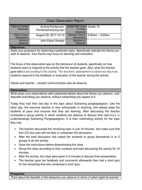 Image result for Class Observation Report Sample