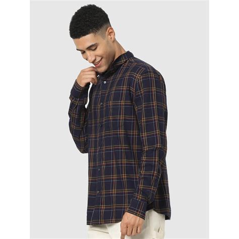 Navy Blue Checked Cotton Blend Shirt – celio.in