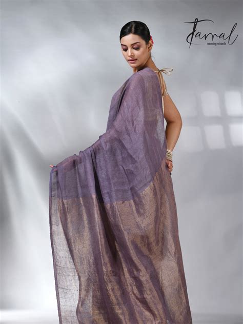 Purplish Grey Colour Pure Linen Handloom Saree With Zari Pallu – Tamal ...