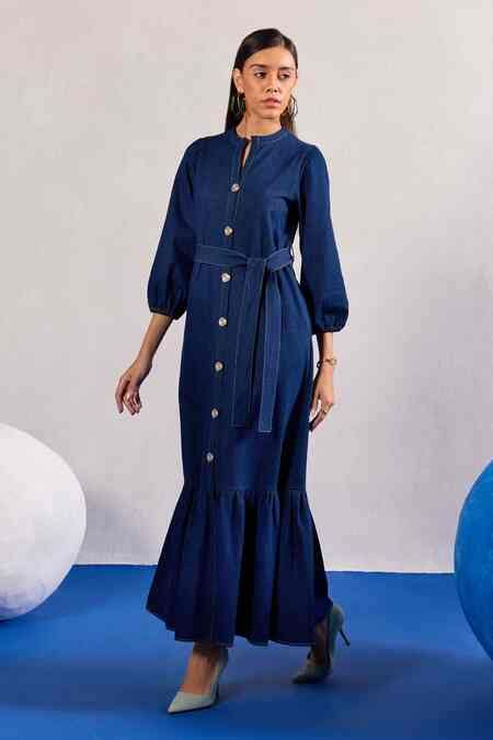 Buy Blue Denim Mandarin Collar Maxi Dress With Belt For Women by Zazu ...