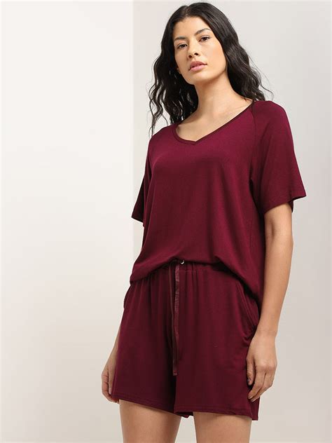 Buy Wunderlove Burgundy Relaxed-Fit T-Shirt from Westside