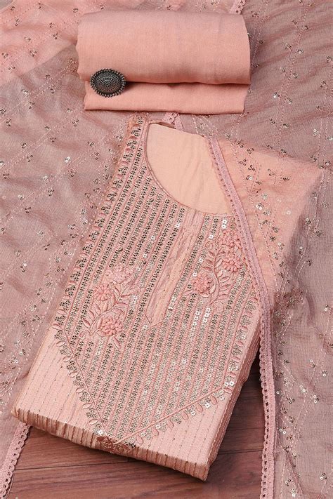 Buy Peach Chanderi Hand Embroidered Unstitched Suit Set Online at Biba ...