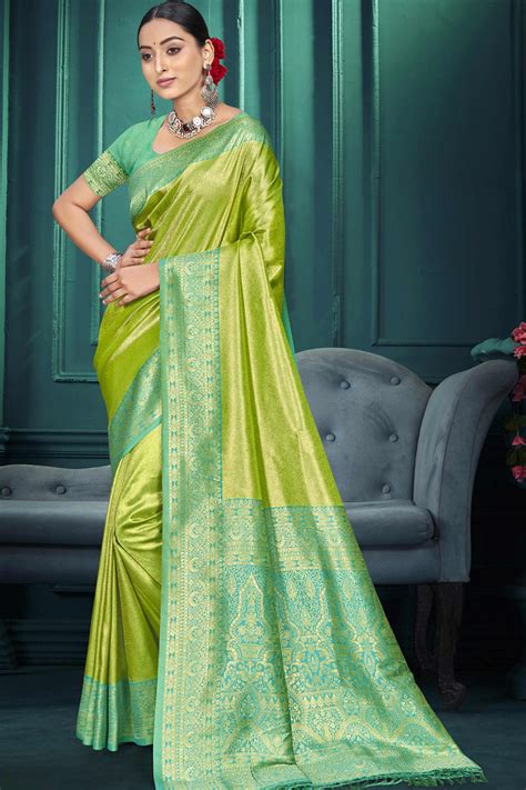 Exclusive Parrot Green Floral Motif Woven Kanjivaram Silk Saree With G