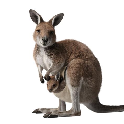 Kangaroo with a joey peeking out of its pouch isolated on white ...