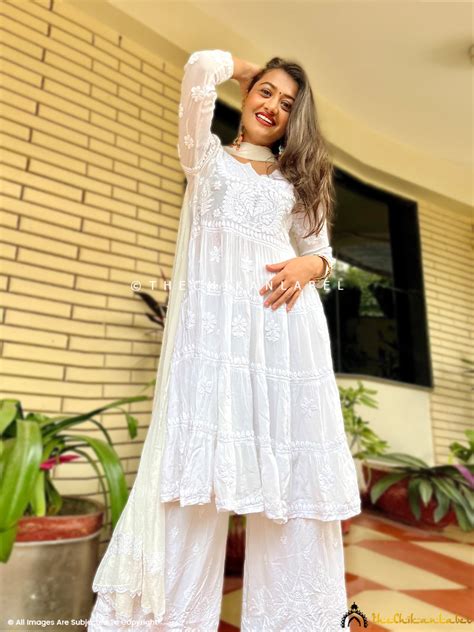 White Afsara Crepe Chikankari Tier Tunic Gown