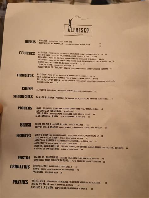 Menu at ALFRESCO restaurant, Miraflores, Av. 28 de Julio 331